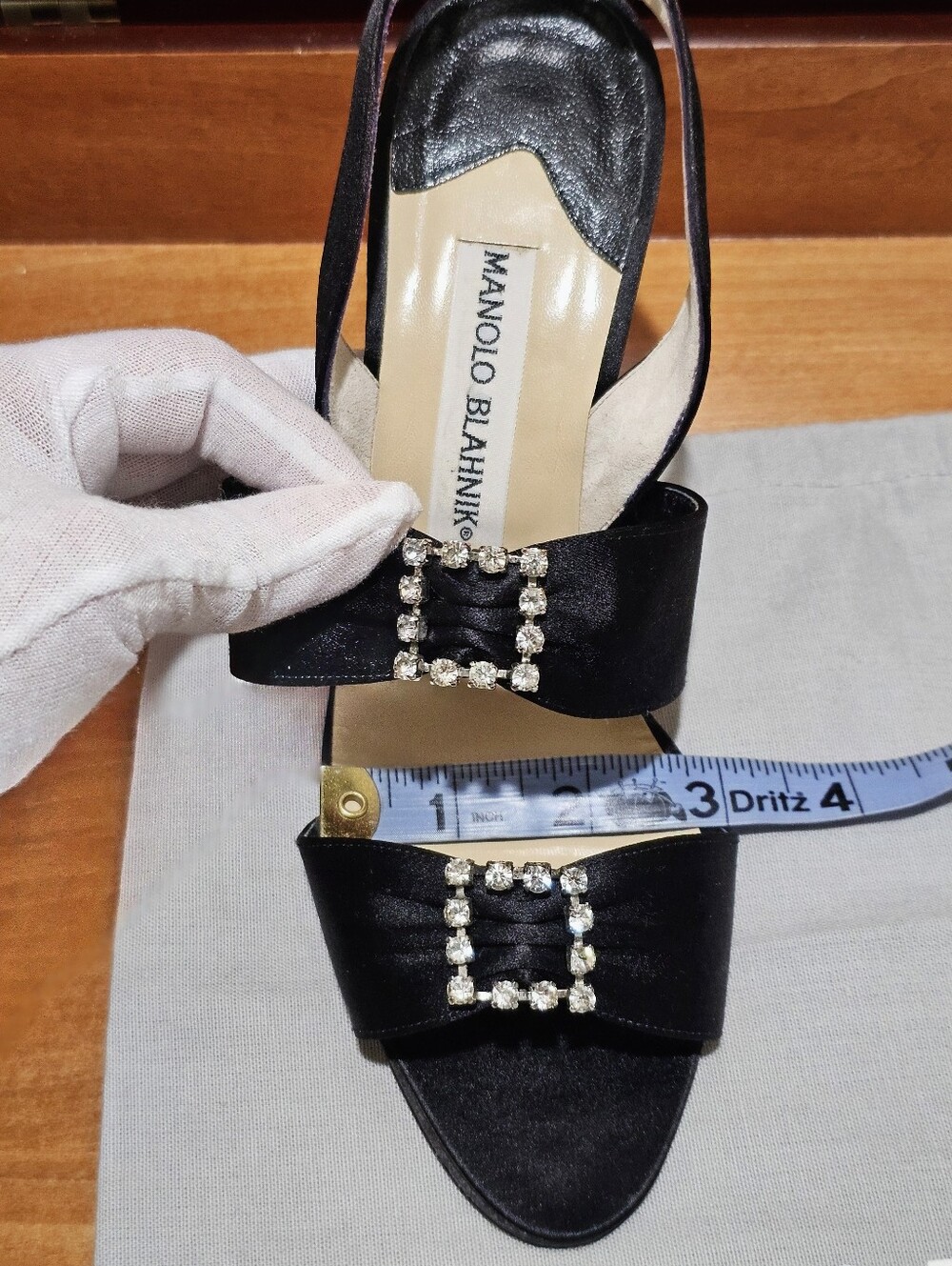 Manolo Blahnik Black Satin Open-Toe Slingback Heels with Crystal Buckles